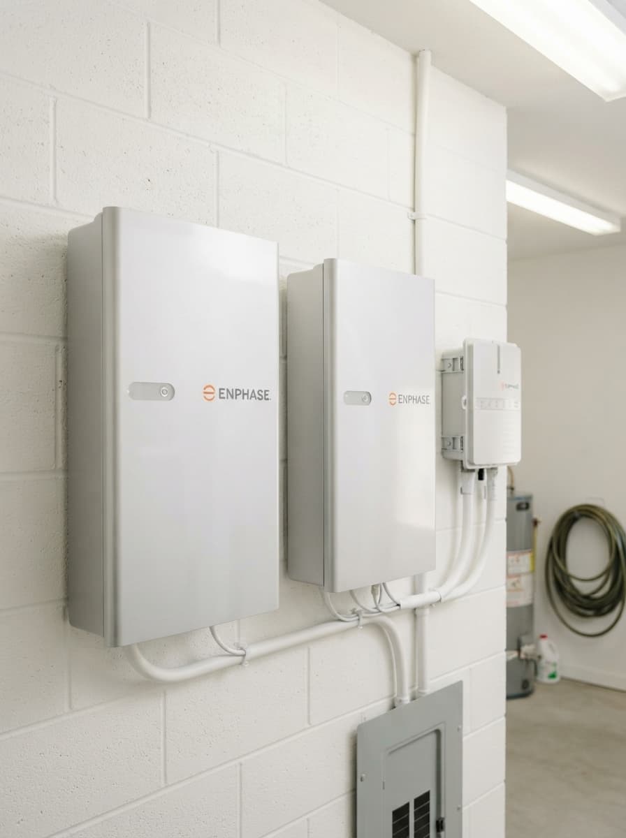 Deux modules de batterie Enphase IQ 5P blancs montés côte à côte dans un espace intérieur, avec une passerelle Envoy S-metered et un câblage électrique apparent.