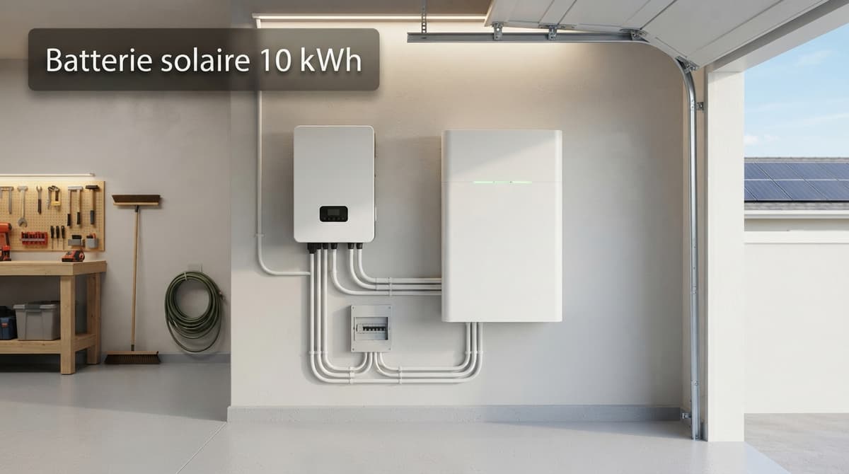 Batterie murale blanche connectée à un onduleur hybride dans un garage propre, avec câblage électrique soigné et panneaux solaires visibles en arrière-plan.