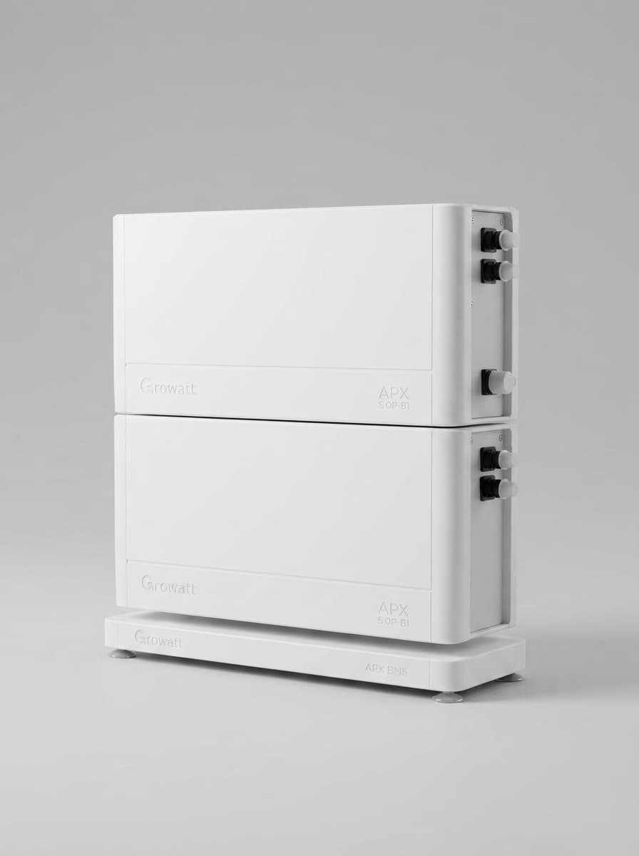 Pack batterie Growatt APX composé de deux modules blancs empilés sur une base BMS, présenté sur un fond neutre en studio.