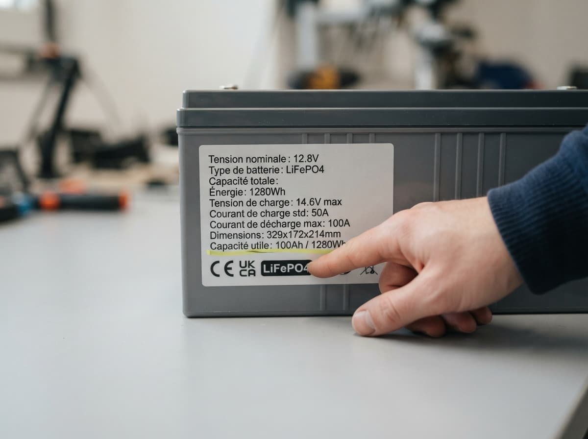 Gros plan sur une étiquette technique de batterie LiFePO4 où la mention « Capacité utile » est mise en évidence par un doigt.