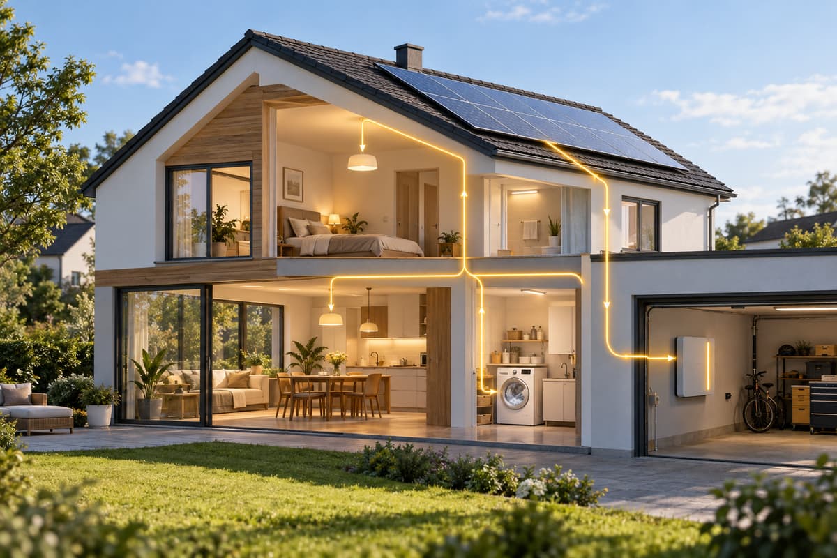 Maison avec panneaux solaires en production, batterie en charge dans le garage et lave-linge en fonctionnement dans la buanderie.
