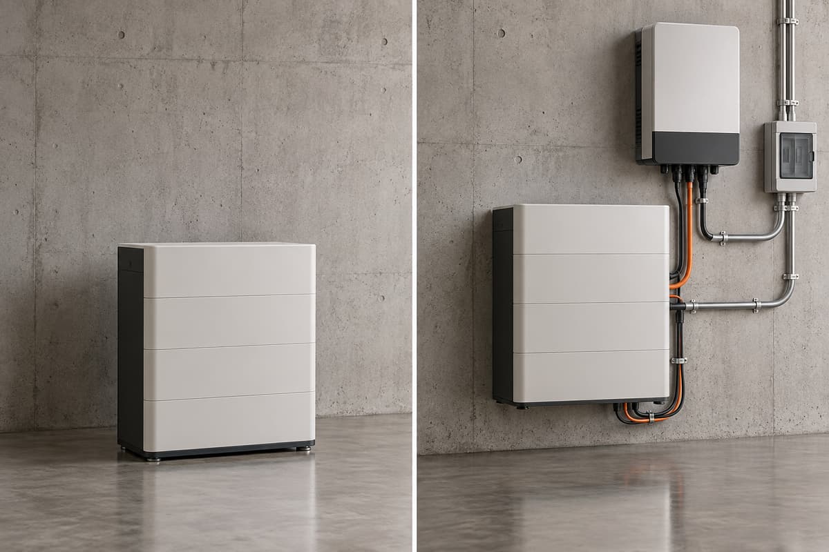 Local technique avec à gauche une batterie seule non posée et à droite un système de stockage installé avec onduleur et câblages, sans affichage de prix.