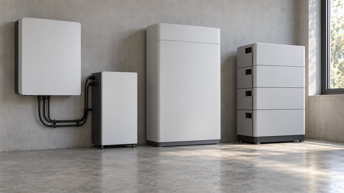 Local technique neutre présentant trois solutions de stockage résidentiel : une batterie murale avec onduleur séparé à gauche, un coffret intégré au centre et une colonne de modules empilés à droite.