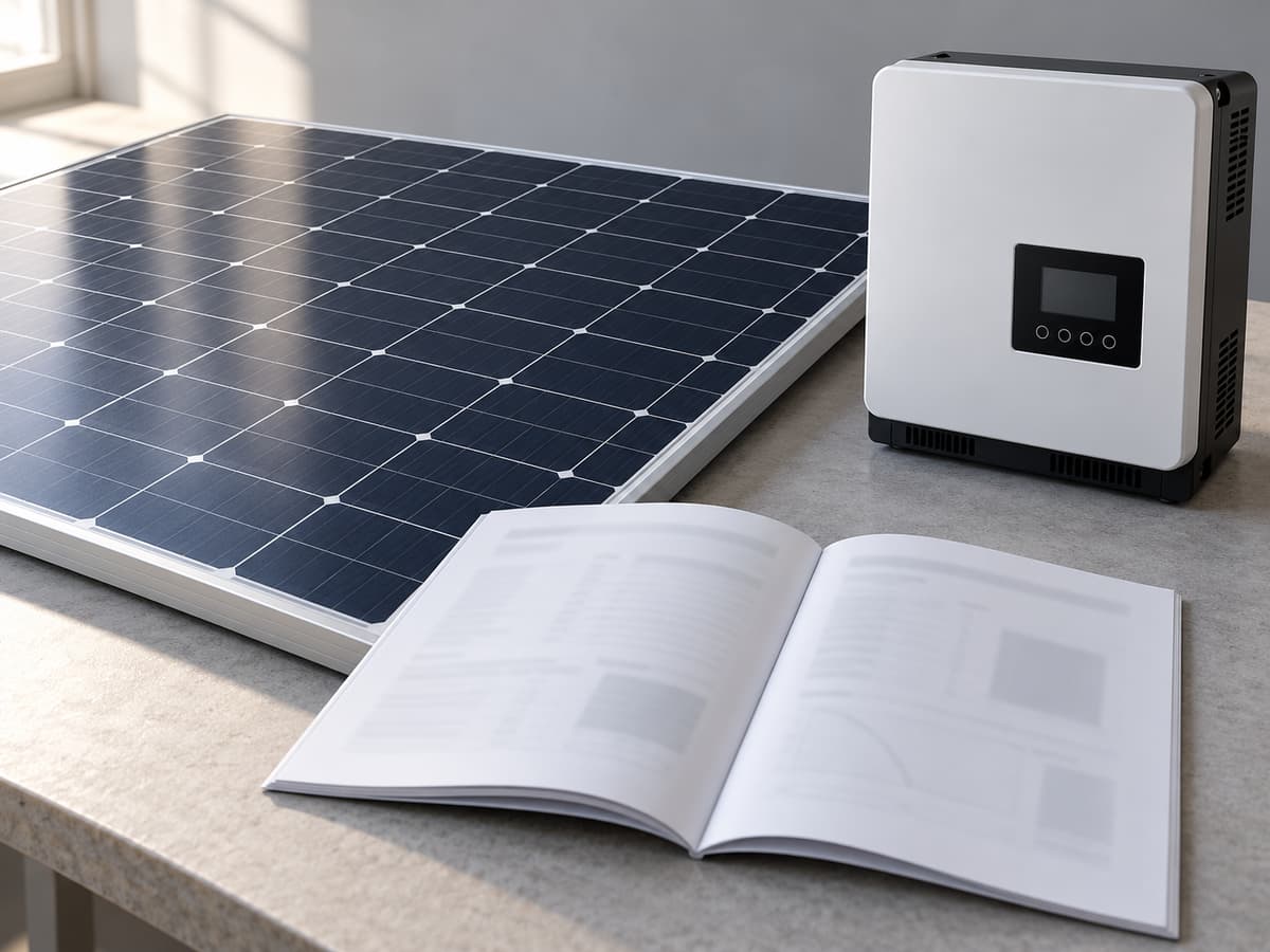Un module photovoltaïque, un onduleur et une fiche technique ouverte posés sur un plan de travail.