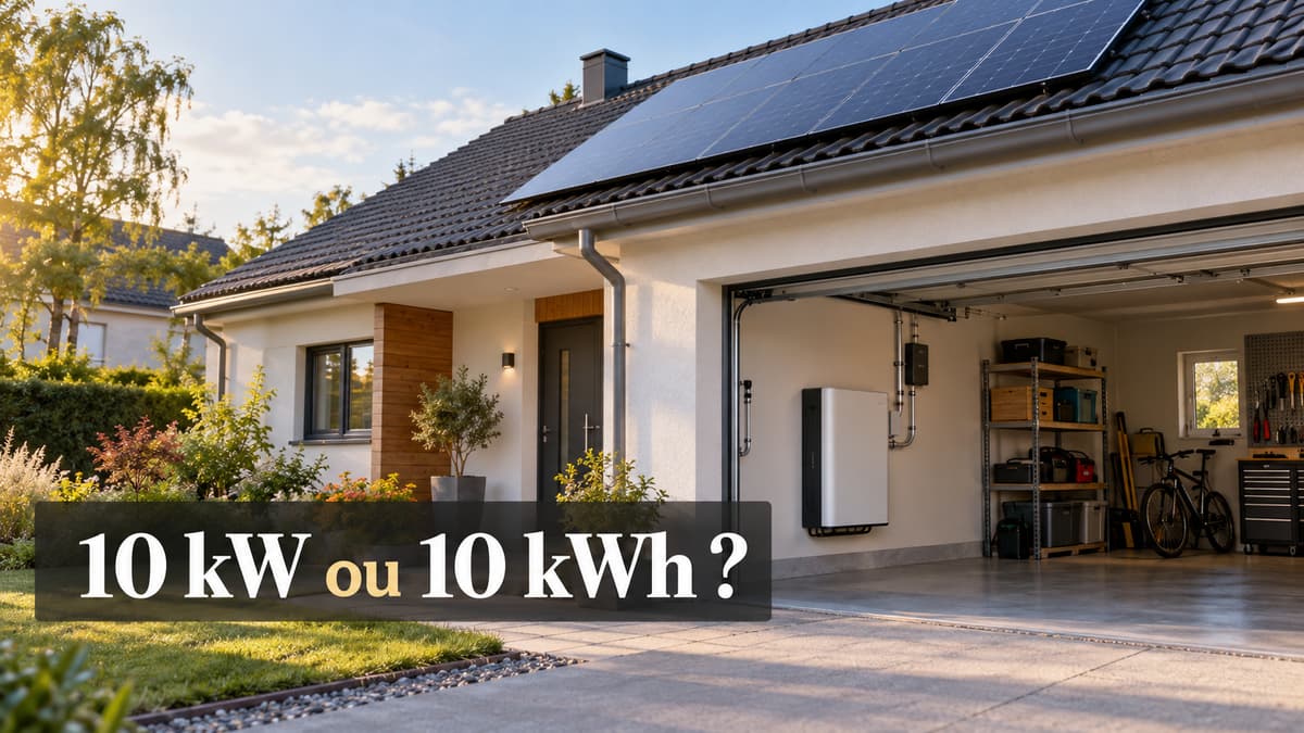 Maison individuelle avec panneaux solaires sur le toit et batterie domestique visible dans le garage ouvert, avec le texte superposé « 10 kW ou 10 kWh ? ».