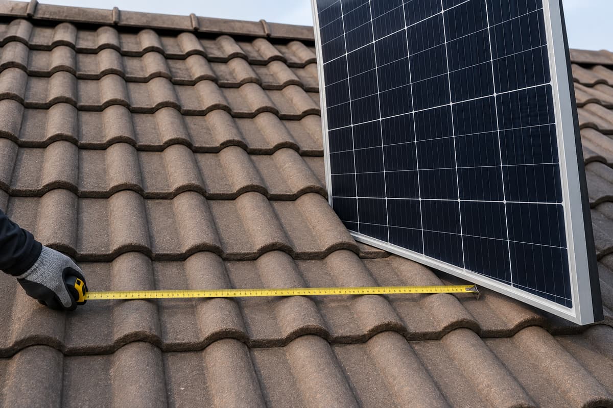 Une main gantée tient un mètre ruban jaune qui mesure une zone libre de toiture, à côté d’un grand panneau solaire.