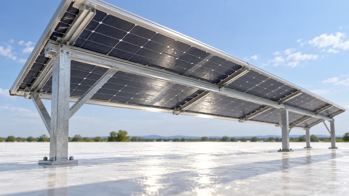 Module photovoltaïque bifacial surélevé sur une structure métallique ouverte, face arrière dégagée au-dessus d’un sol clair réfléchissant la lumière.
